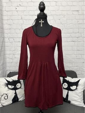 VTG "Ma Garde Robe" Burgundy Quarter Sleeve Babydoll Dress Black Lace Trims Sz M